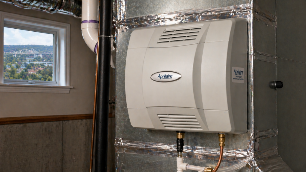 Aprilaire whole home humidifier installed on a residential HVAC system to control indoor humidity levels in Northern Kentucky