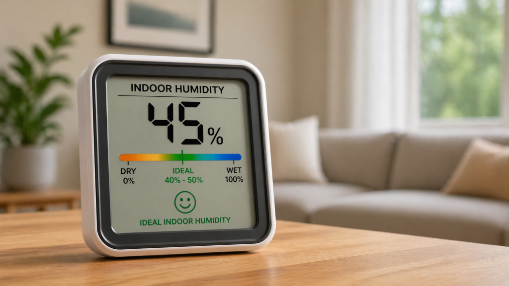 Hygrometer displaying ideal indoor humidity level between 40 and 50 percent in a Cincinnati home