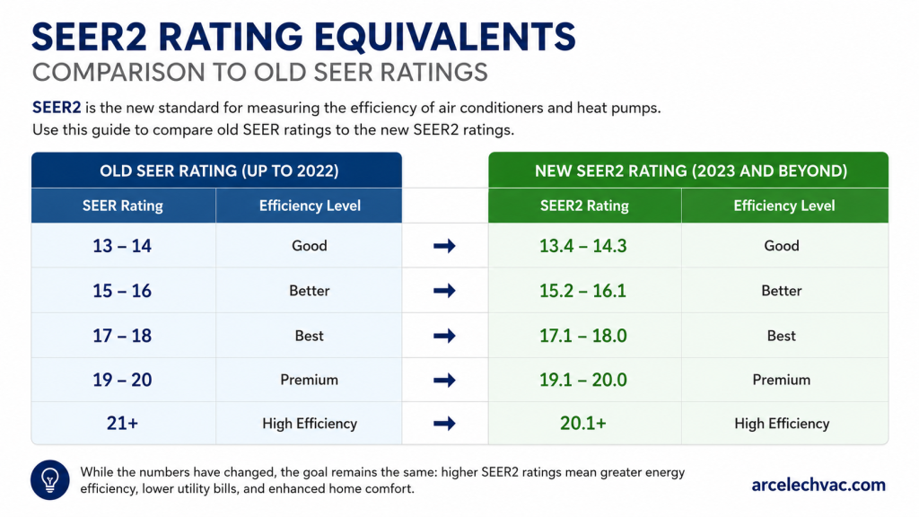 Comparison chart showing SEER2 rating equivalents next to old SEER ratings