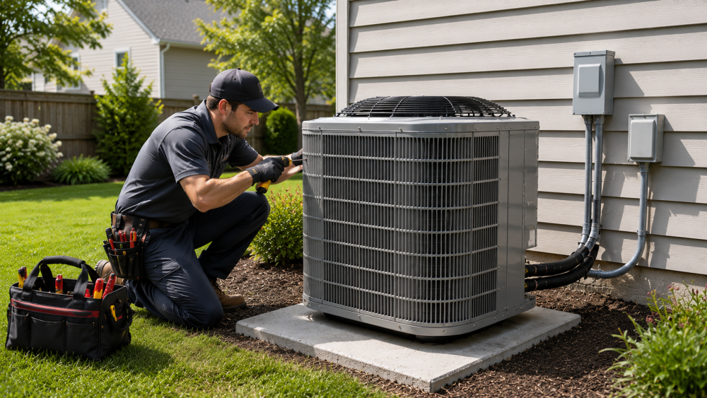 Technician installing an energy efficient AC system in a Cincinnati area home