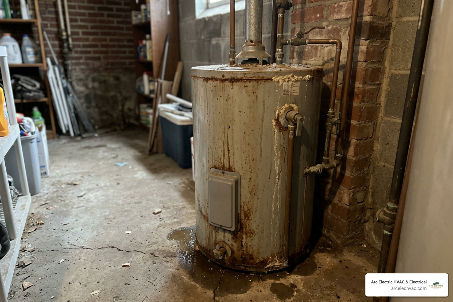 A leaking, rusted traditional water heater tank in need of replacement